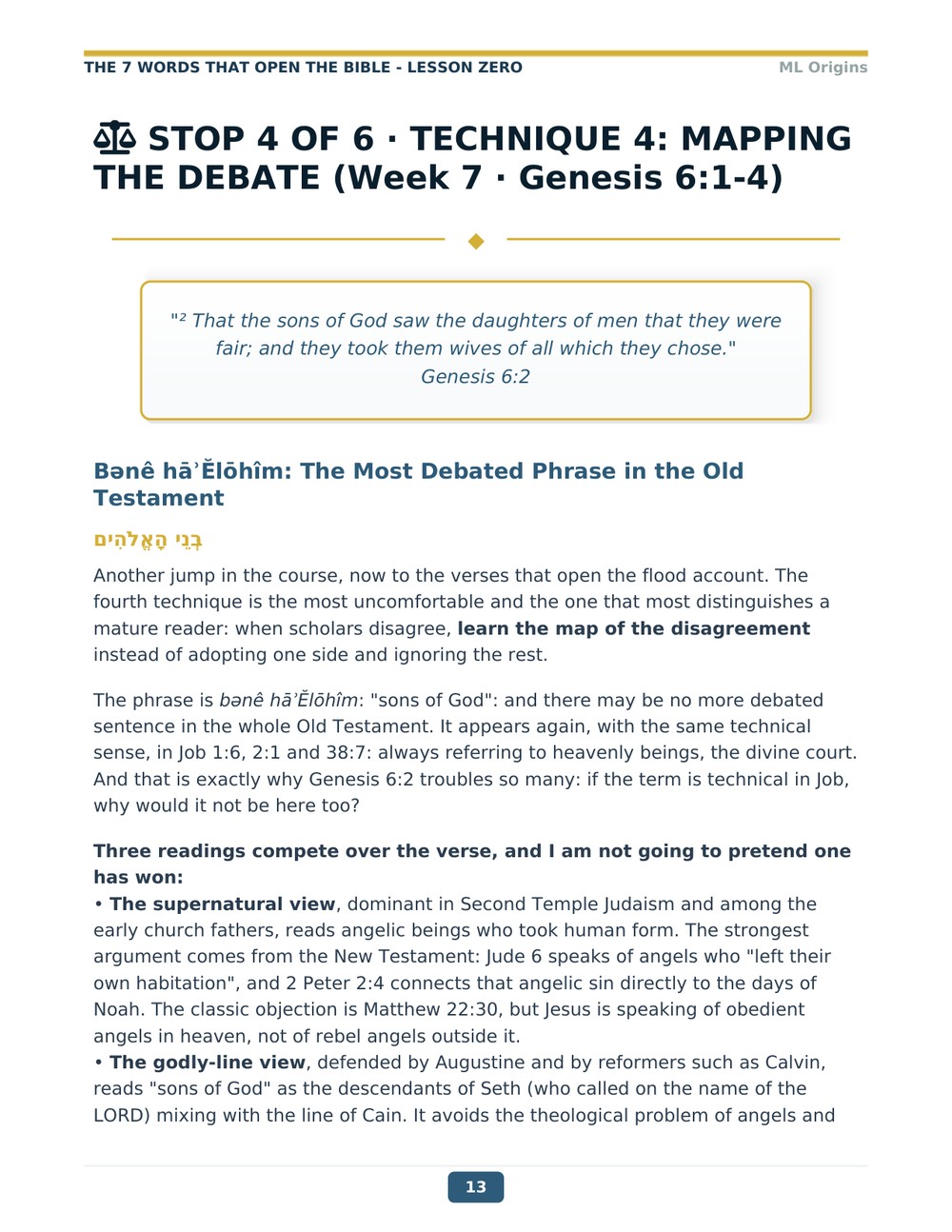 Real page from Lesson Zero: Technique 4, mapping the debate, with the three competing readings of Genesis 6:2