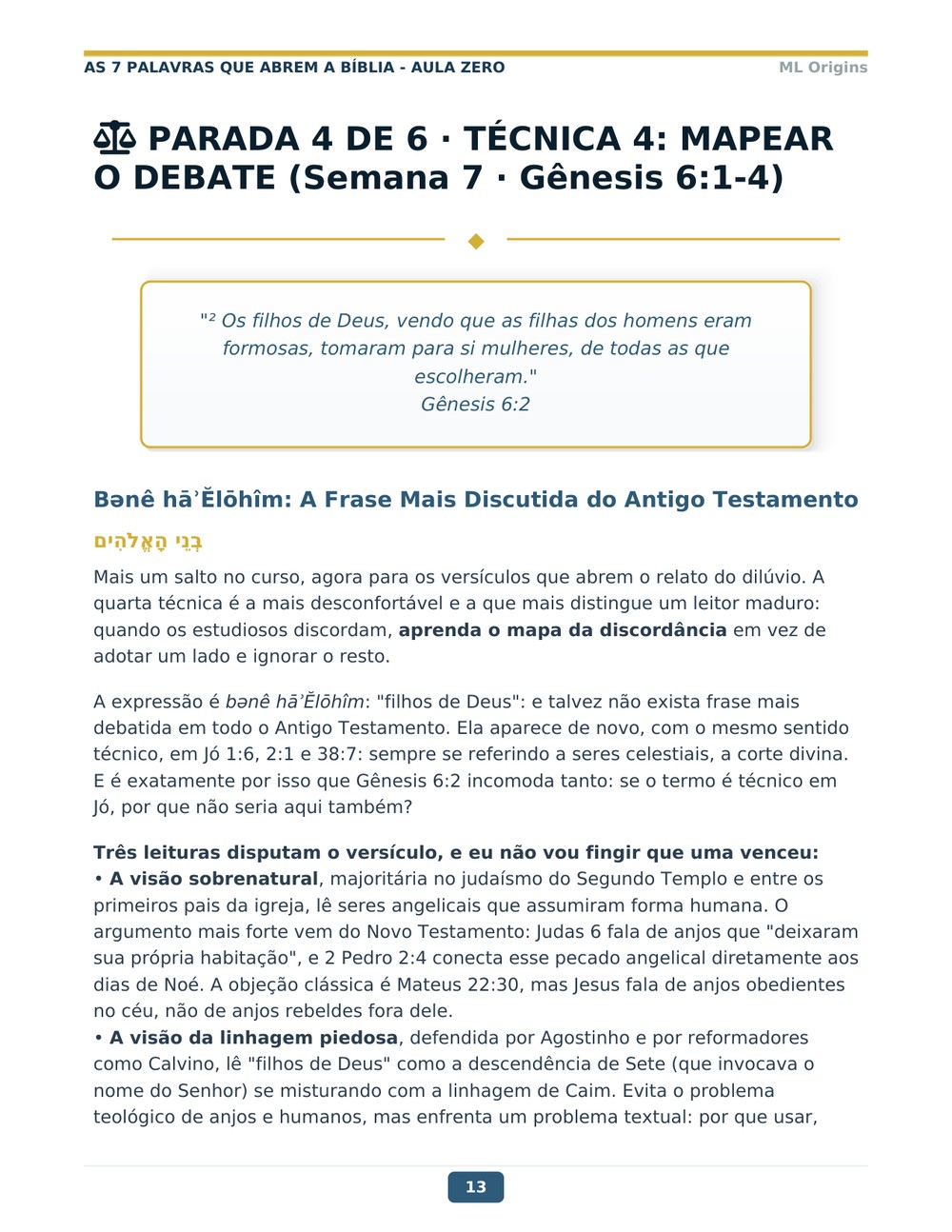 Página real da Aula Zero: Técnica 4, mapear o debate, com as três leituras concorrentes de Gênesis 6:2